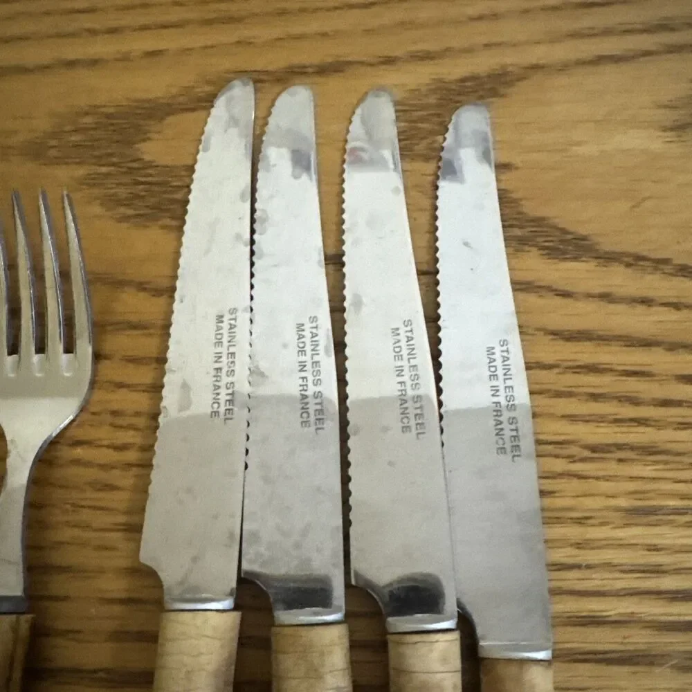 VTG Natural Bamboo Handle Flatware-Made in France Stainless Steel-12 Pieces